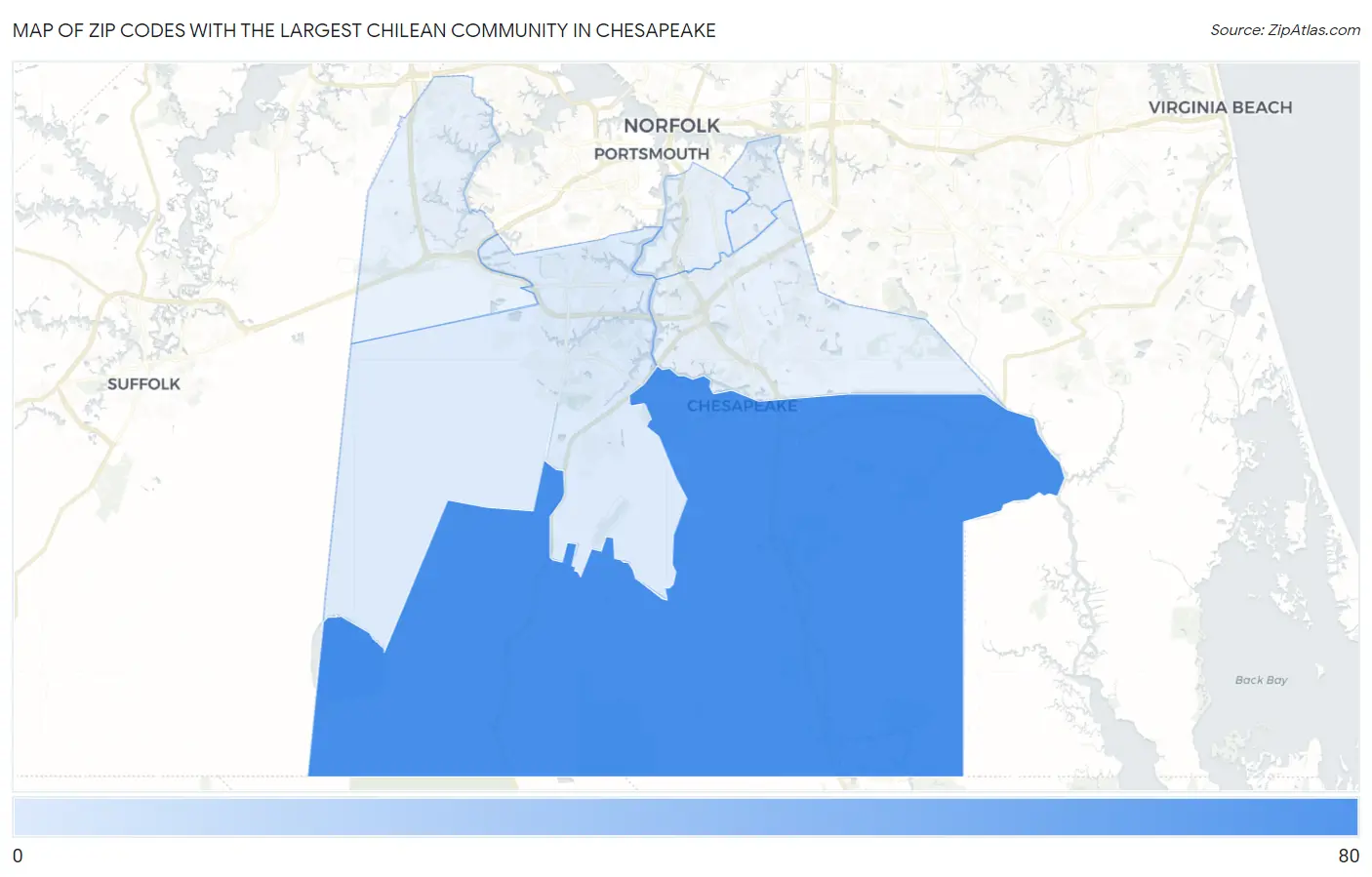 Zip Codes with the Largest Chilean Community in Chesapeake Map