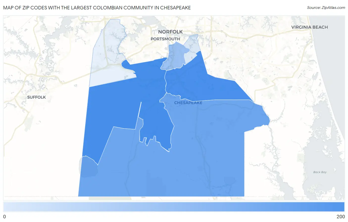 Zip Codes with the Largest Colombian Community in Chesapeake Map