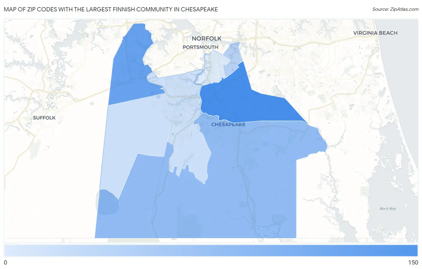 Zip Codes with the Largest Finnish Community in Chesapeake Map