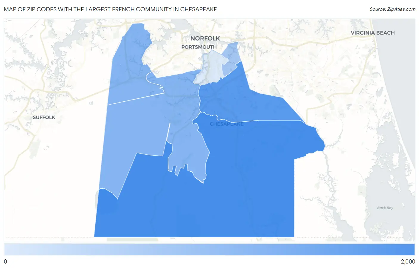 Zip Codes with the Largest French Community in Chesapeake Map