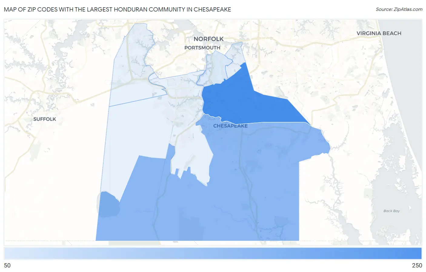 Zip Codes with the Largest Honduran Community in Chesapeake Map