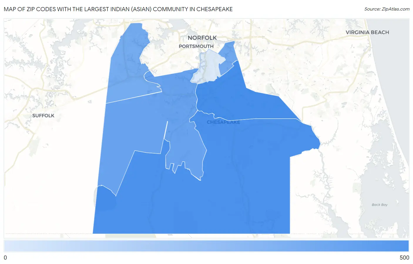 Zip Codes with the Largest Indian (Asian) Community in Chesapeake Map