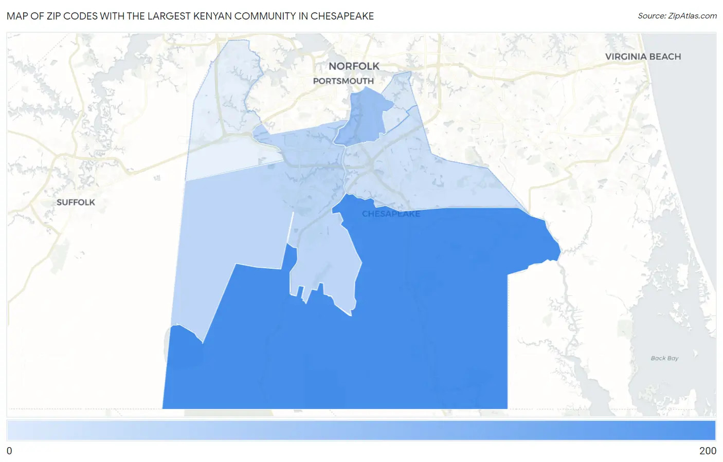 Zip Codes with the Largest Kenyan Community in Chesapeake Map