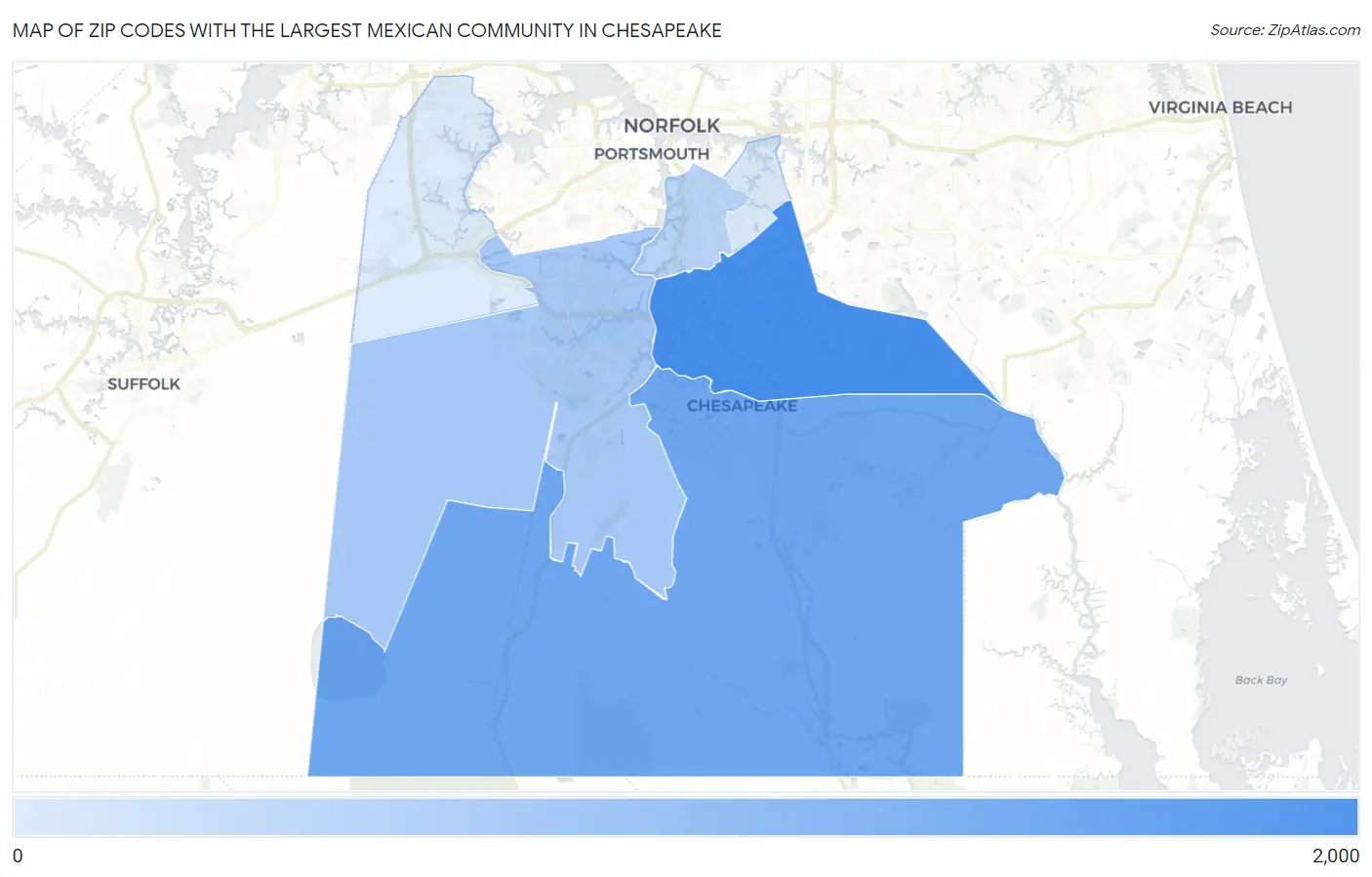 Zip Codes with the Largest Mexican Community in Chesapeake Map
