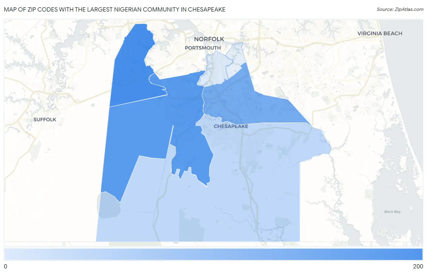 Zip Codes with the Largest Nigerian Community in Chesapeake Map