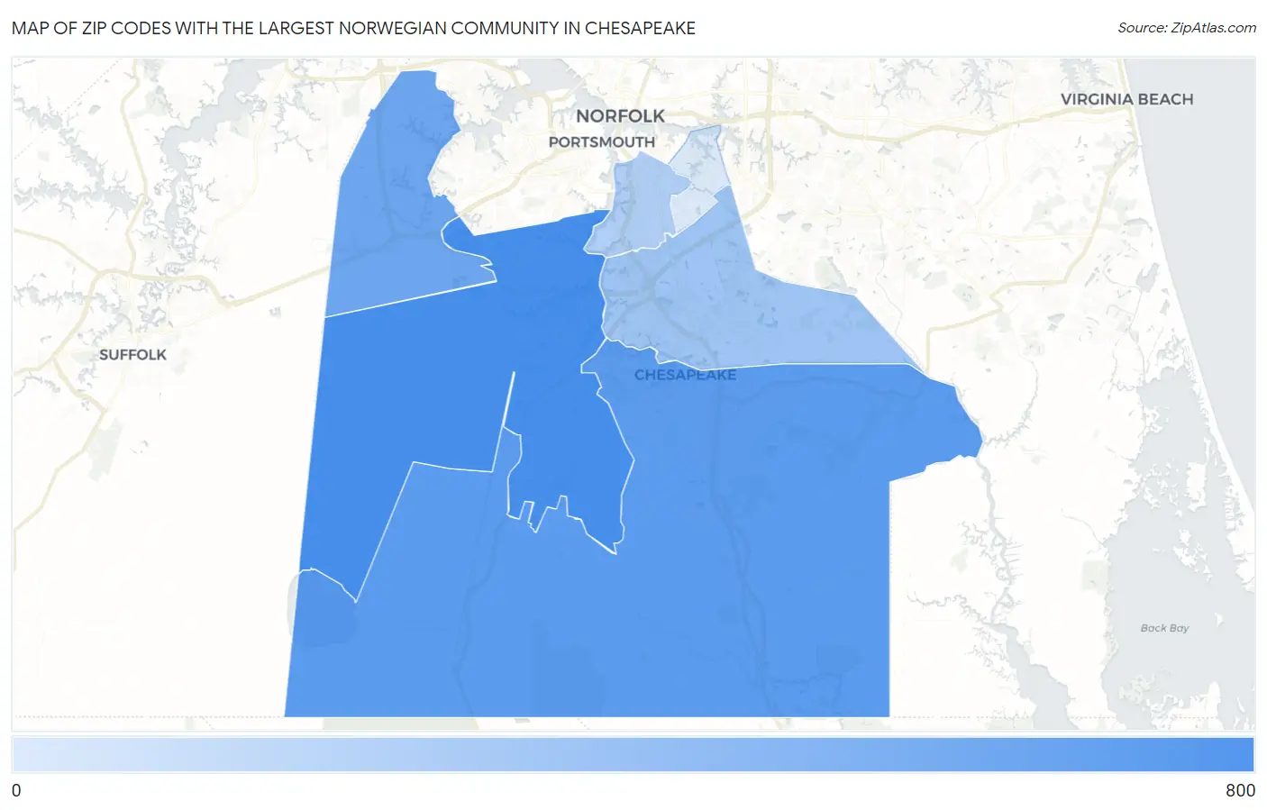 Zip Codes with the Largest Norwegian Community in Chesapeake Map