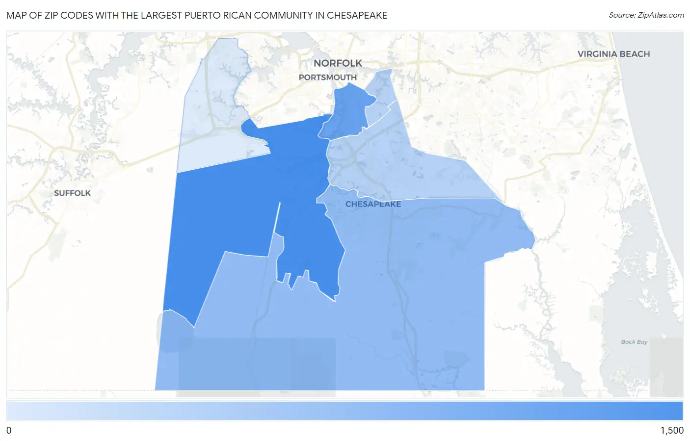 Zip Codes with the Largest Puerto Rican Community in Chesapeake Map