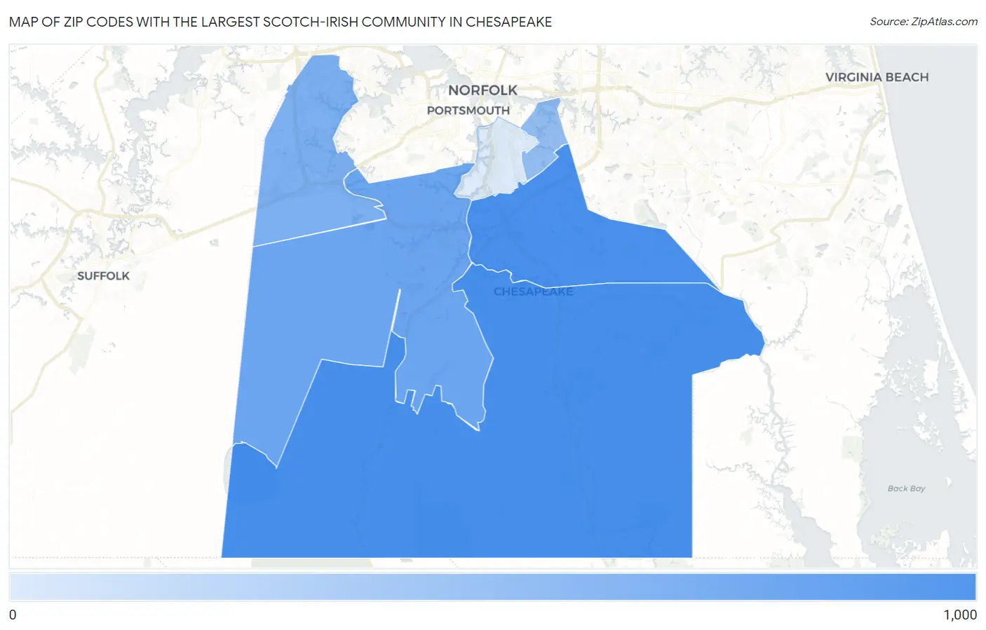 Zip Codes with the Largest Scotch-Irish Community in Chesapeake Map