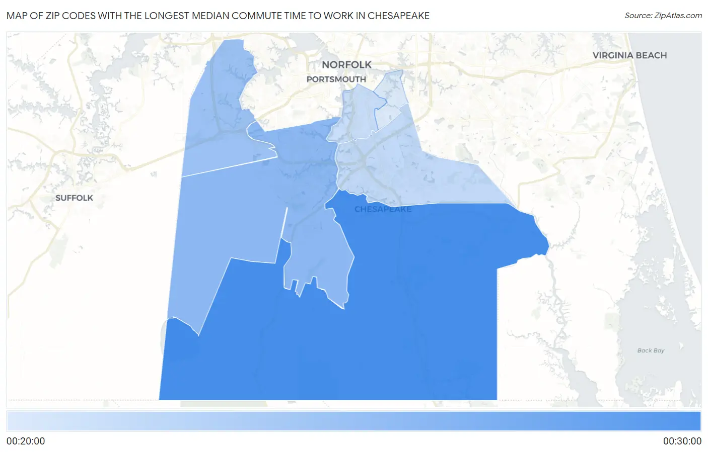 Zip Codes with the Longest Median Commute Time to Work in Chesapeake Map