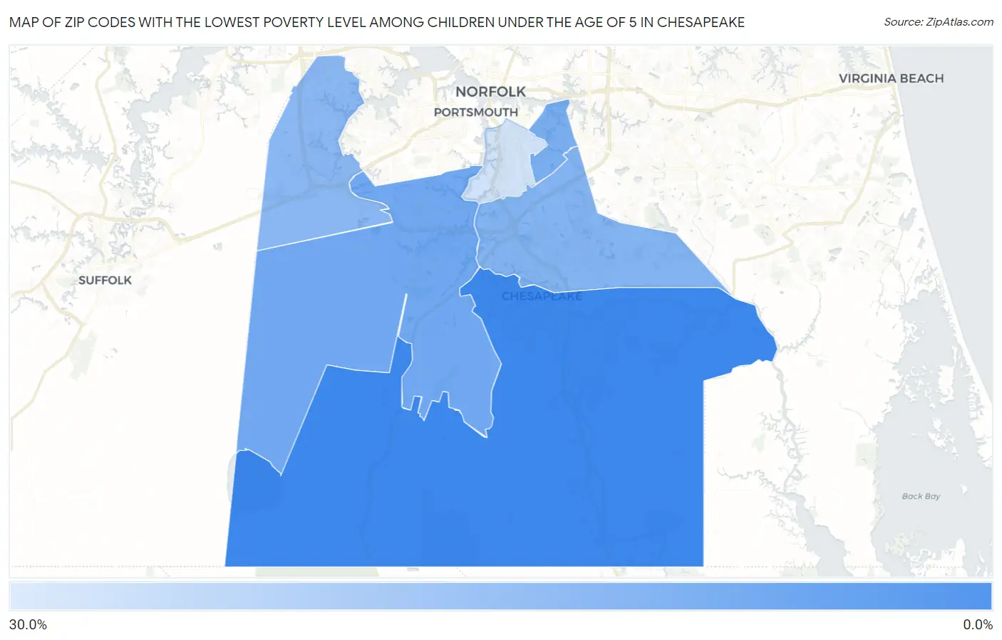 Zip Codes with the Lowest Poverty Level Among Children Under the Age of 5 in Chesapeake Map