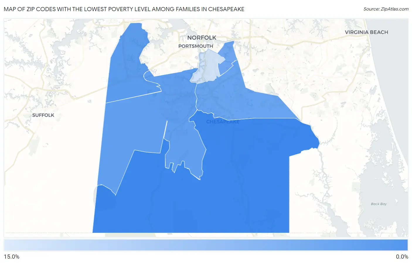 Zip Codes with the Lowest Poverty Level Among Families in Chesapeake Map