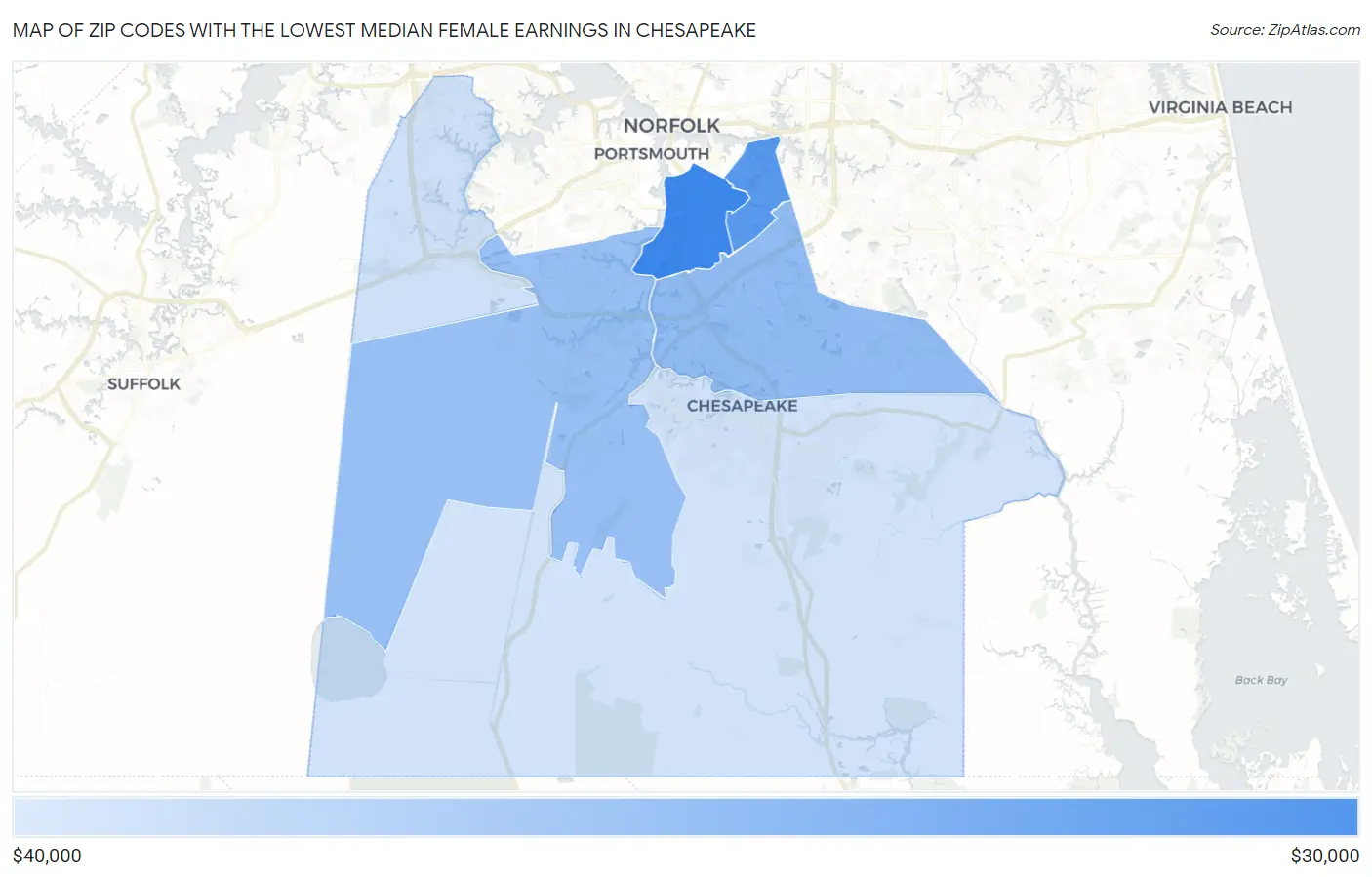 Zip Codes with the Lowest Median Female Earnings in Chesapeake Map