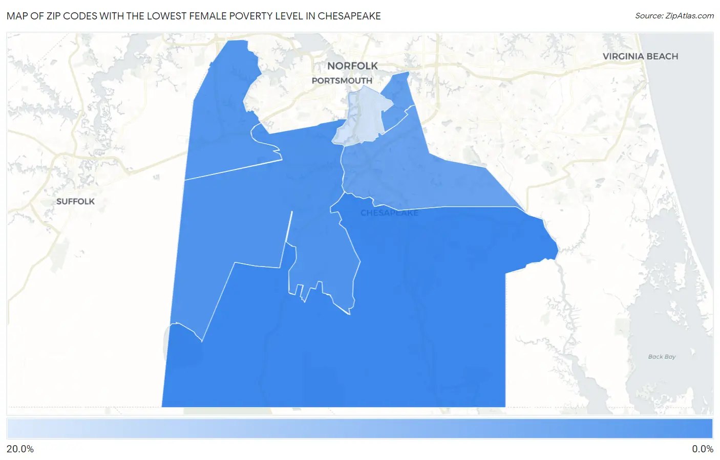 Zip Codes with the Lowest Female Poverty Level in Chesapeake Map