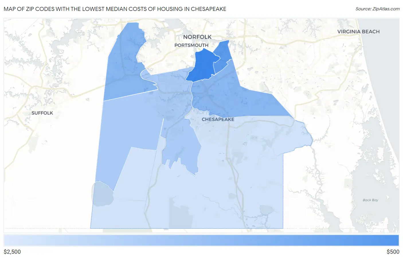 Zip Codes with the Lowest Median Costs of Housing in Chesapeake Map