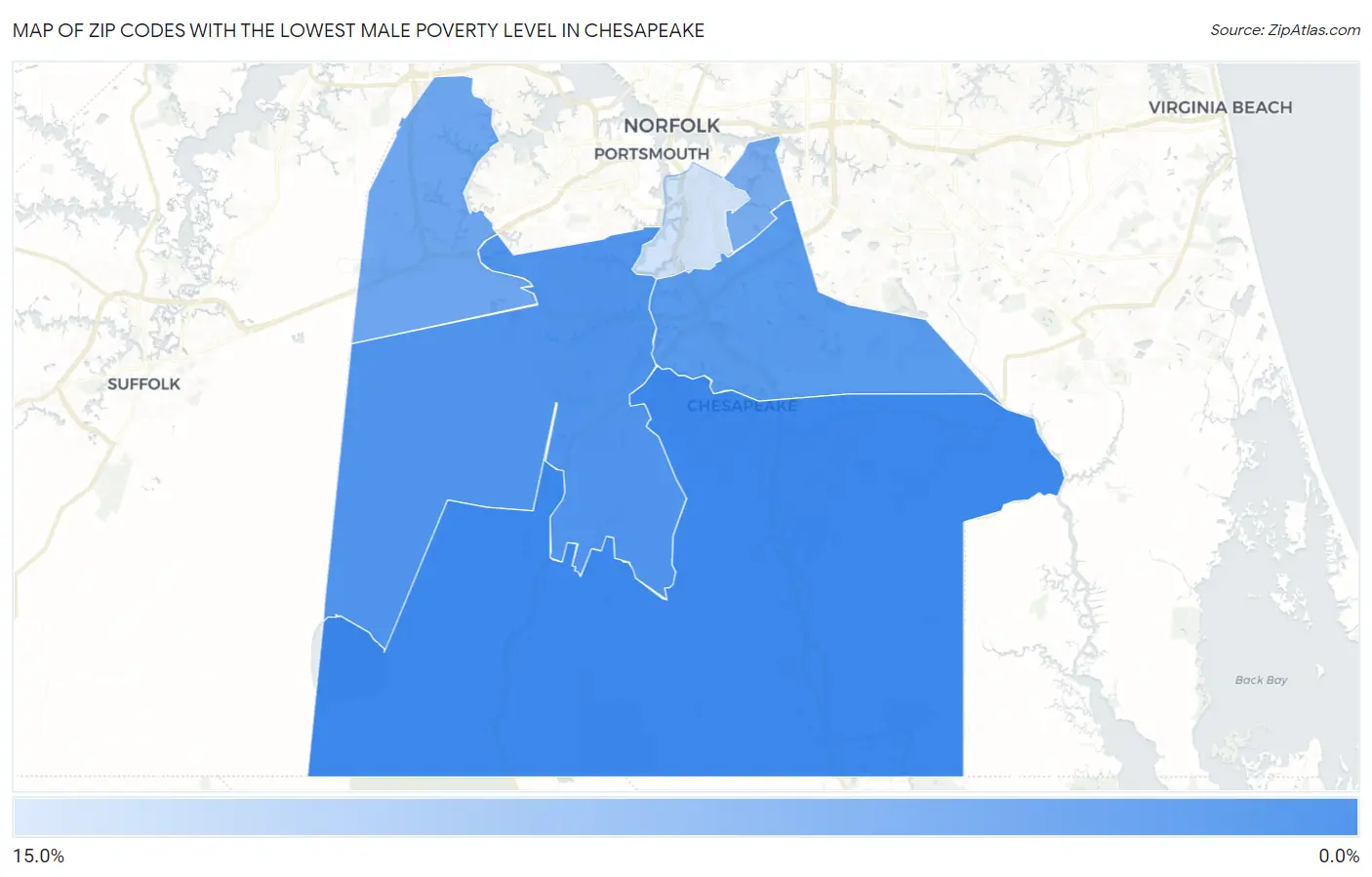 Zip Codes with the Lowest Male Poverty Level in Chesapeake Map