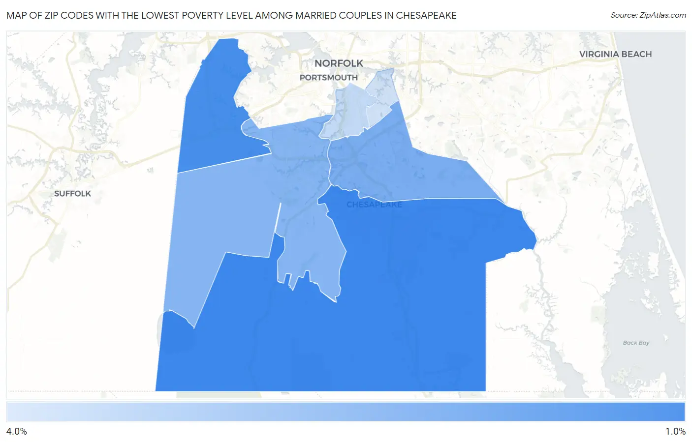 Zip Codes with the Lowest Poverty Level Among Married Couples in Chesapeake Map