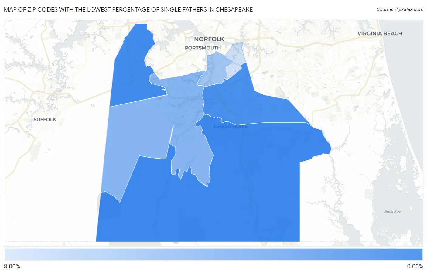 Zip Codes with the Lowest Percentage of Single Fathers in Chesapeake Map
