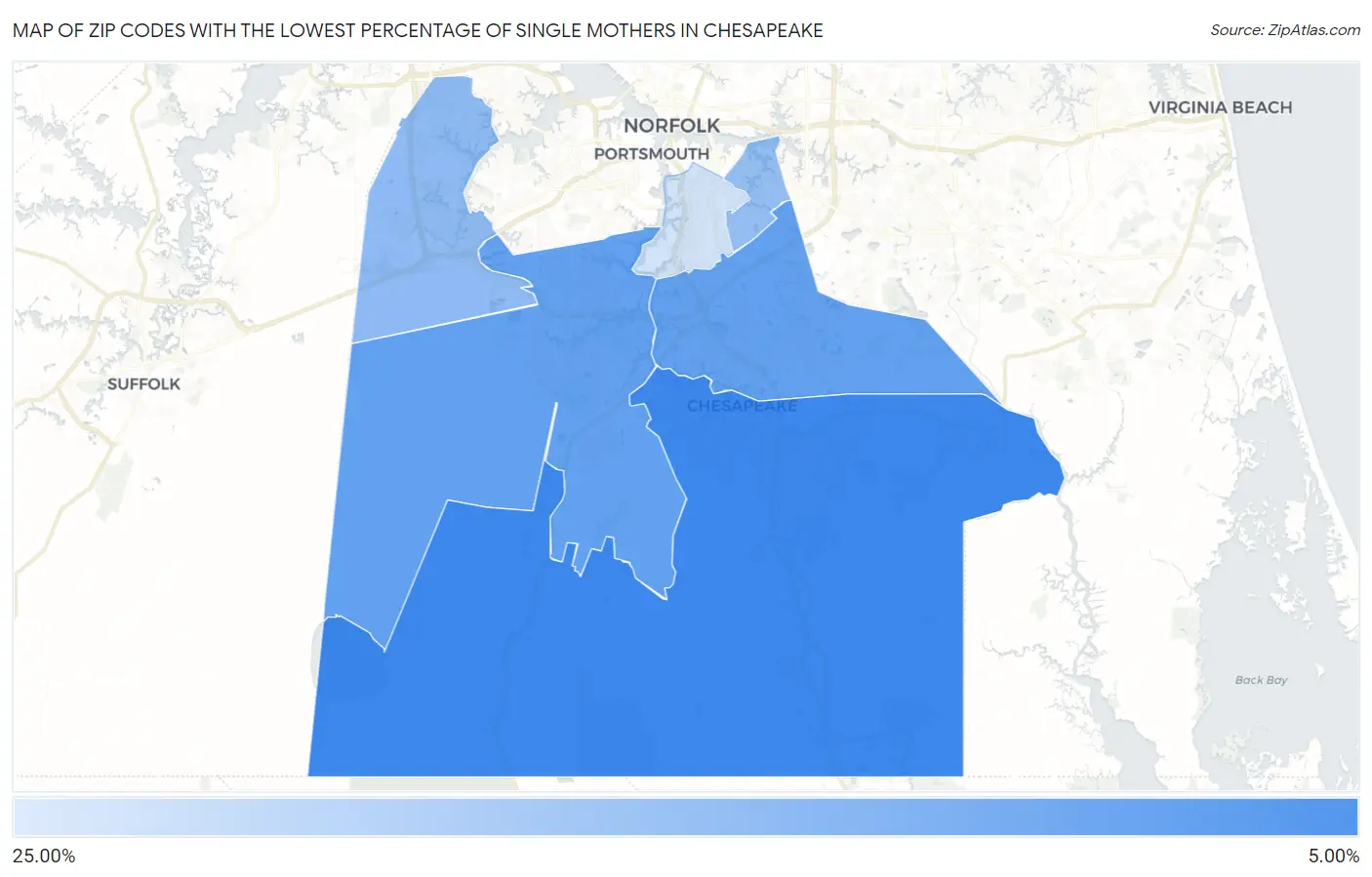 Zip Codes with the Lowest Percentage of Single Mothers in Chesapeake Map