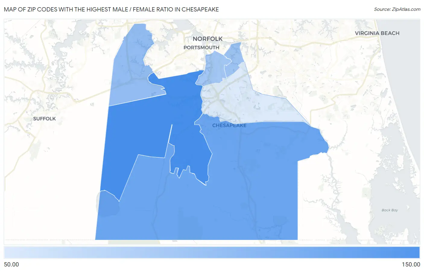 Zip Codes with the Highest Male / Female Ratio in Chesapeake Map