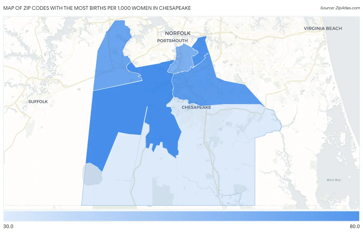 Zip Codes with the Most Births per 1,000 Women in Chesapeake Map