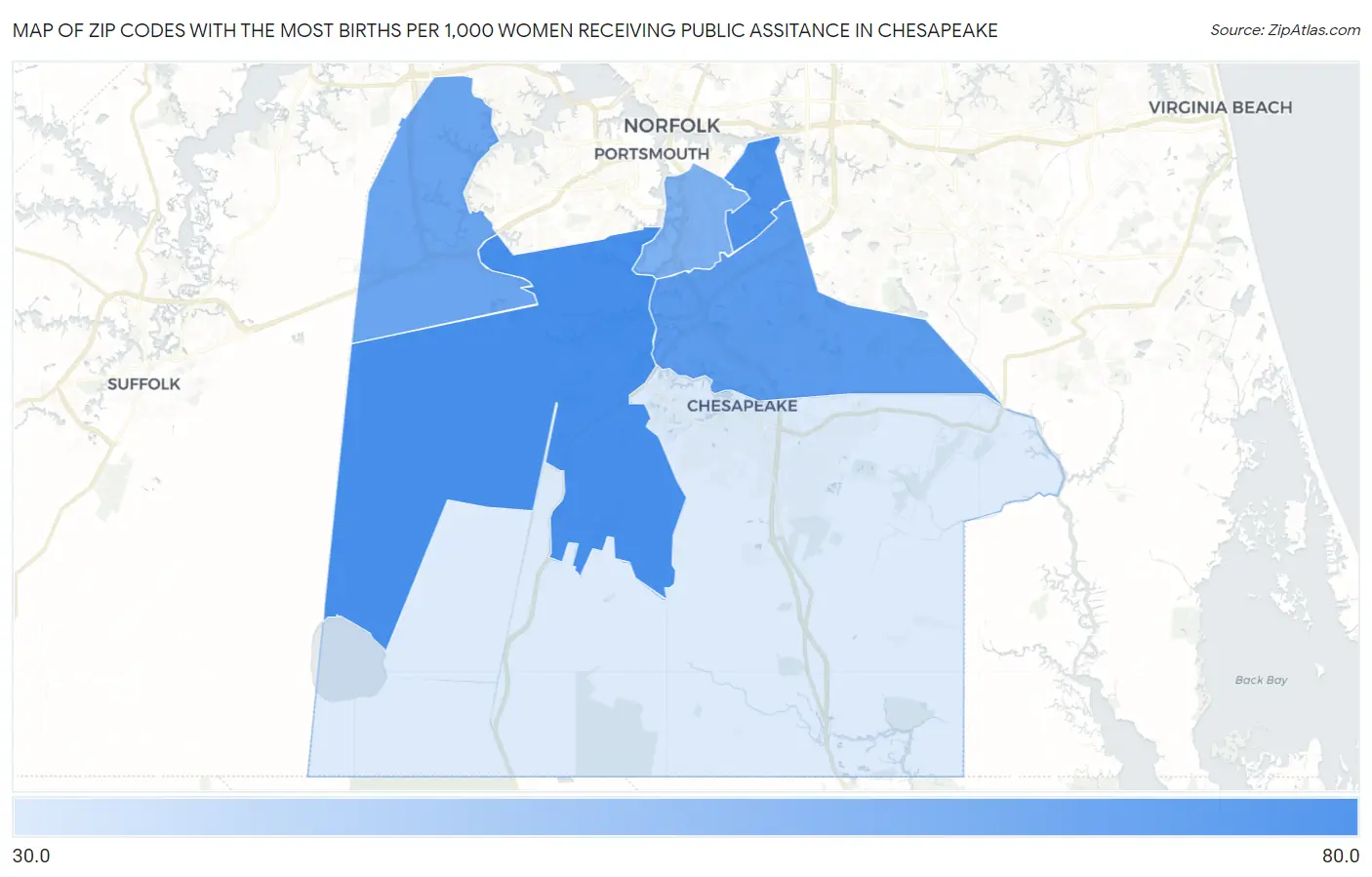 Zip Codes with the Most Births per 1,000 Women Receiving Public Assitance in Chesapeake Map