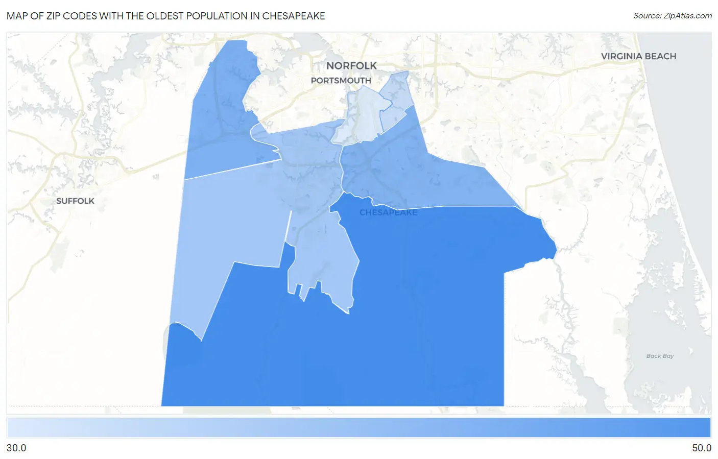 Zip Codes with the Oldest Population in Chesapeake Map