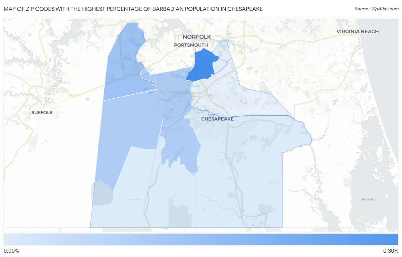 Zip Codes with the Highest Percentage of Barbadian Population in Chesapeake Map