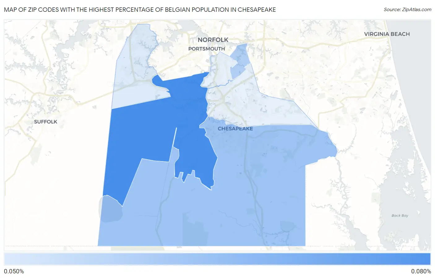 Zip Codes with the Highest Percentage of Belgian Population in Chesapeake Map