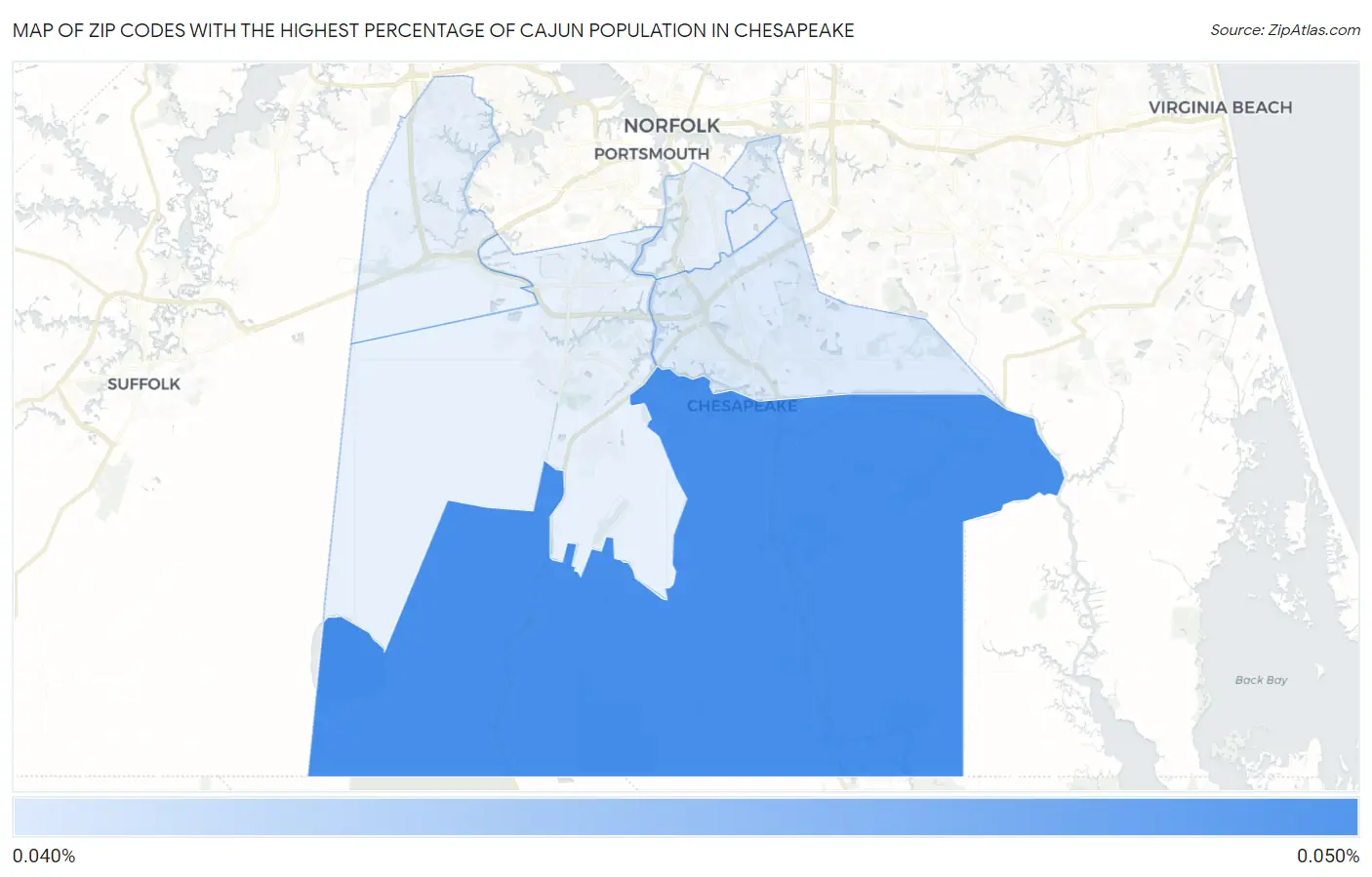 Zip Codes with the Highest Percentage of Cajun Population in Chesapeake Map