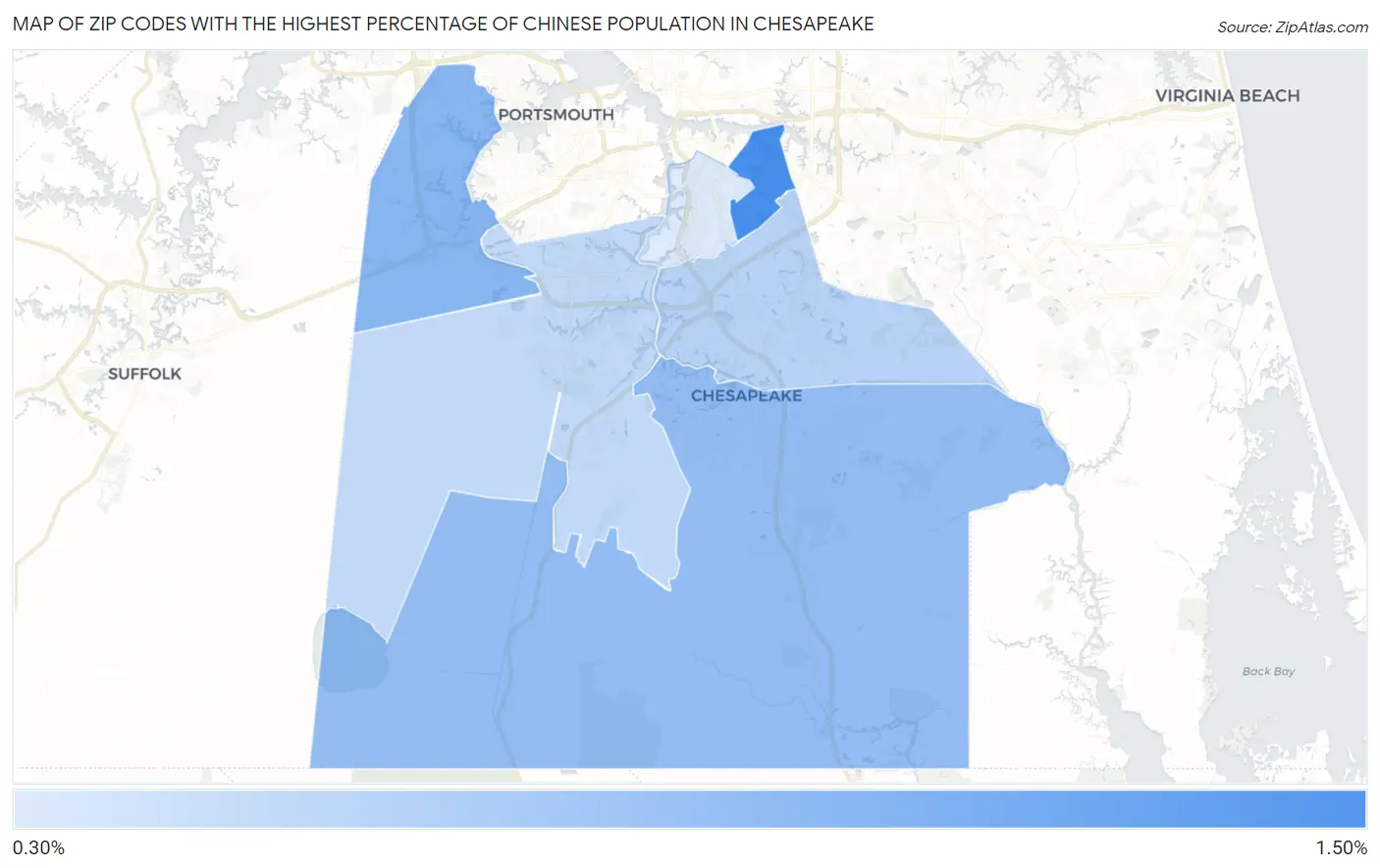 Zip Codes with the Highest Percentage of Chinese Population in Chesapeake Map