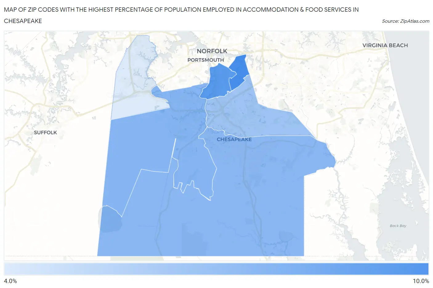 Zip Codes with the Highest Percentage of Population Employed in Accommodation & Food Services in Chesapeake Map