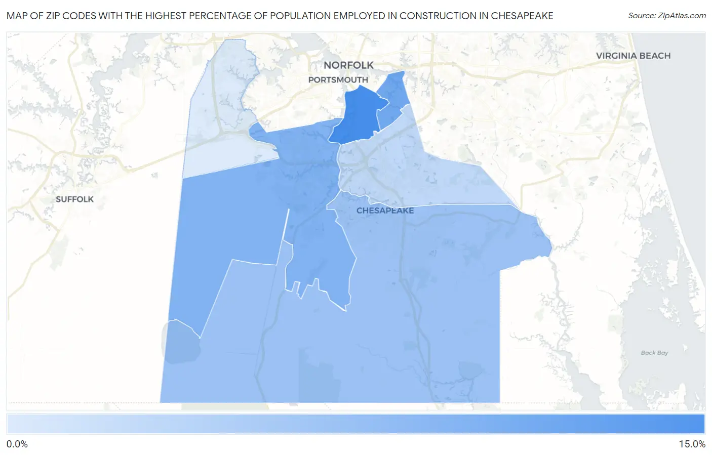 Zip Codes with the Highest Percentage of Population Employed in Construction in Chesapeake Map