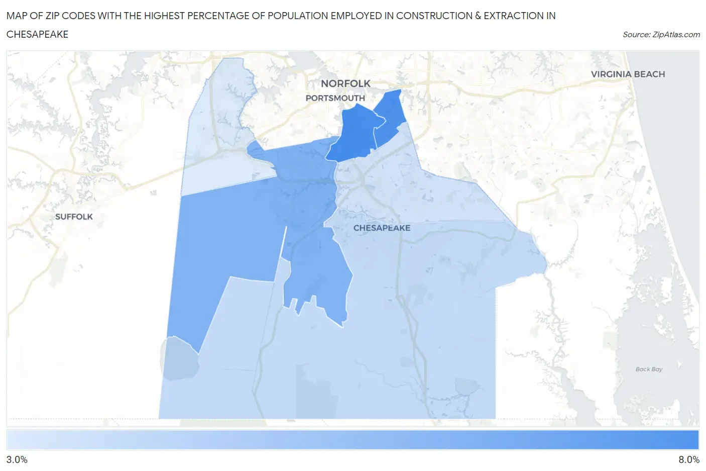 Zip Codes with the Highest Percentage of Population Employed in Construction & Extraction in Chesapeake Map