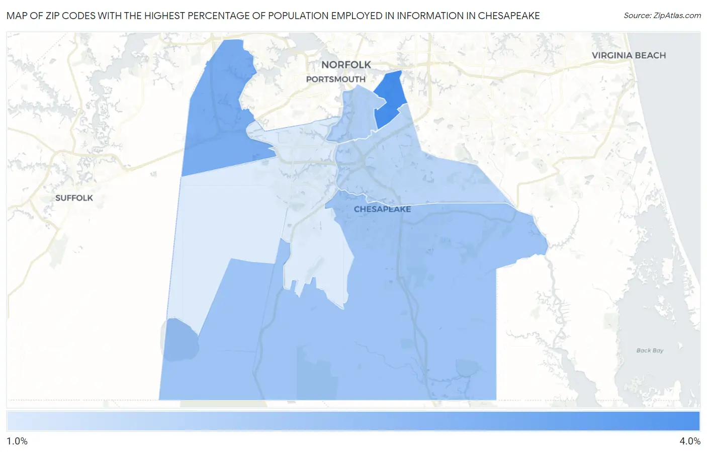 Zip Codes with the Highest Percentage of Population Employed in Information in Chesapeake Map