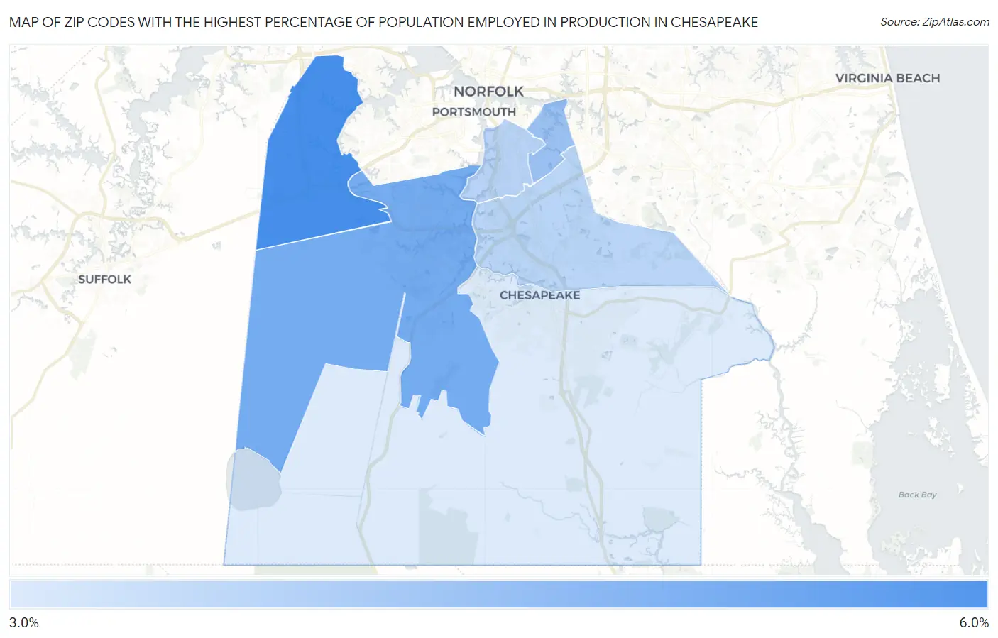 Zip Codes with the Highest Percentage of Population Employed in Production in Chesapeake Map