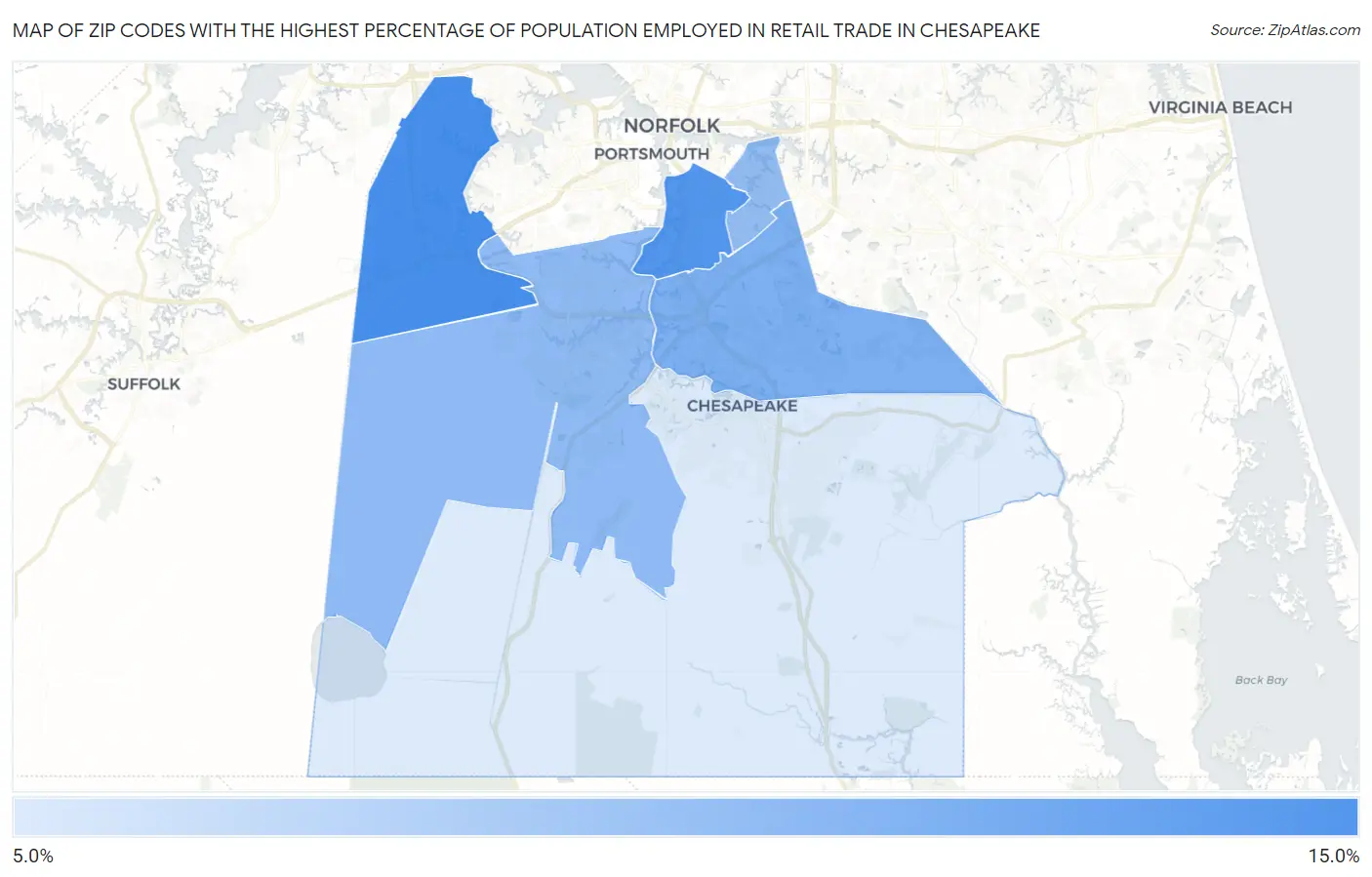 Zip Codes with the Highest Percentage of Population Employed in Retail Trade in Chesapeake Map