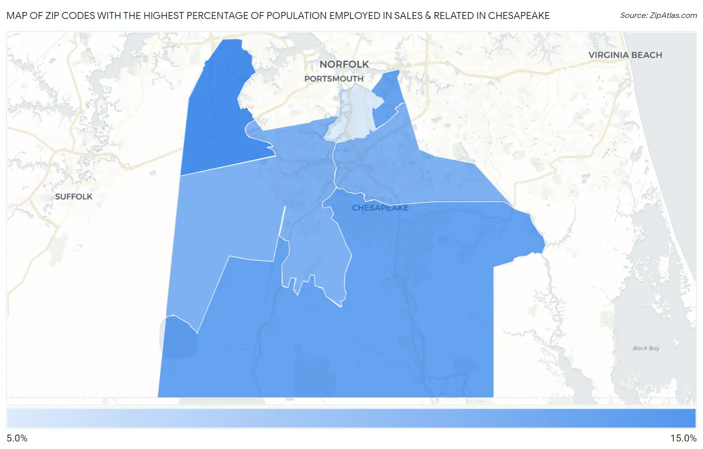 Zip Codes with the Highest Percentage of Population Employed in Sales & Related in Chesapeake Map