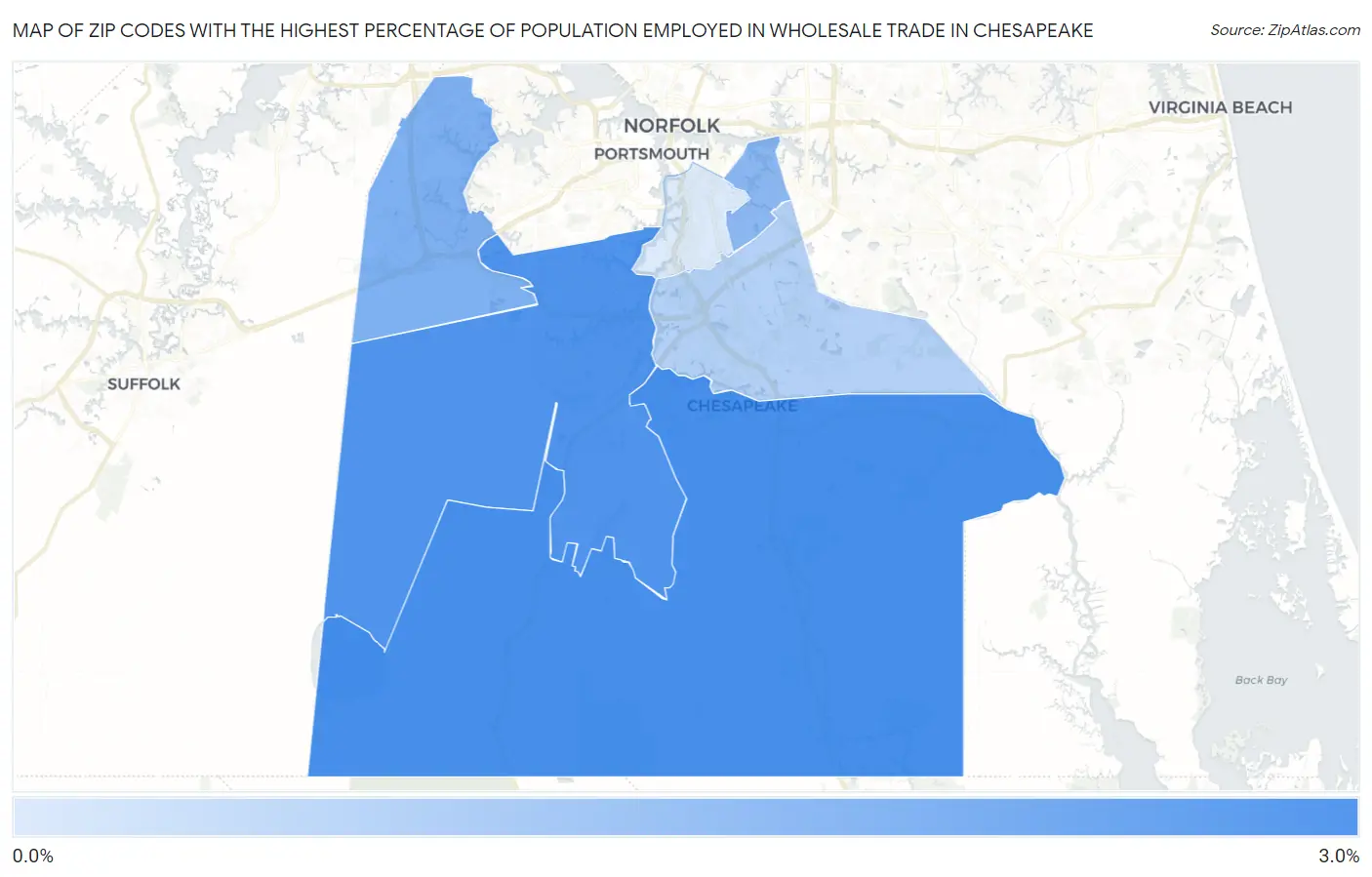 Zip Codes with the Highest Percentage of Population Employed in Wholesale Trade in Chesapeake Map