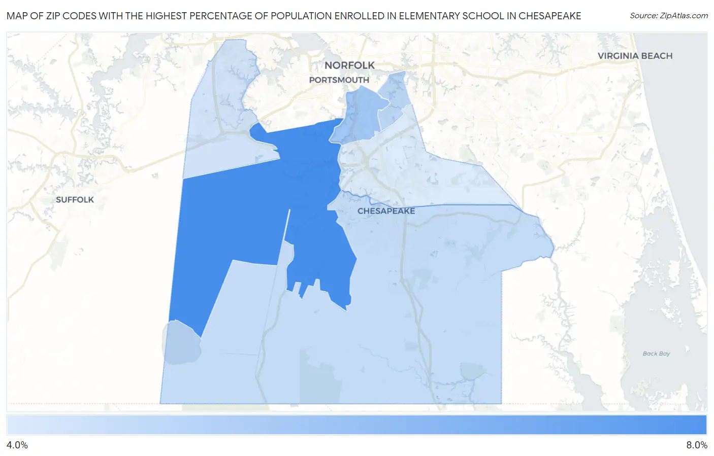 Zip Codes with the Highest Percentage of Population Enrolled in Elementary School in Chesapeake Map