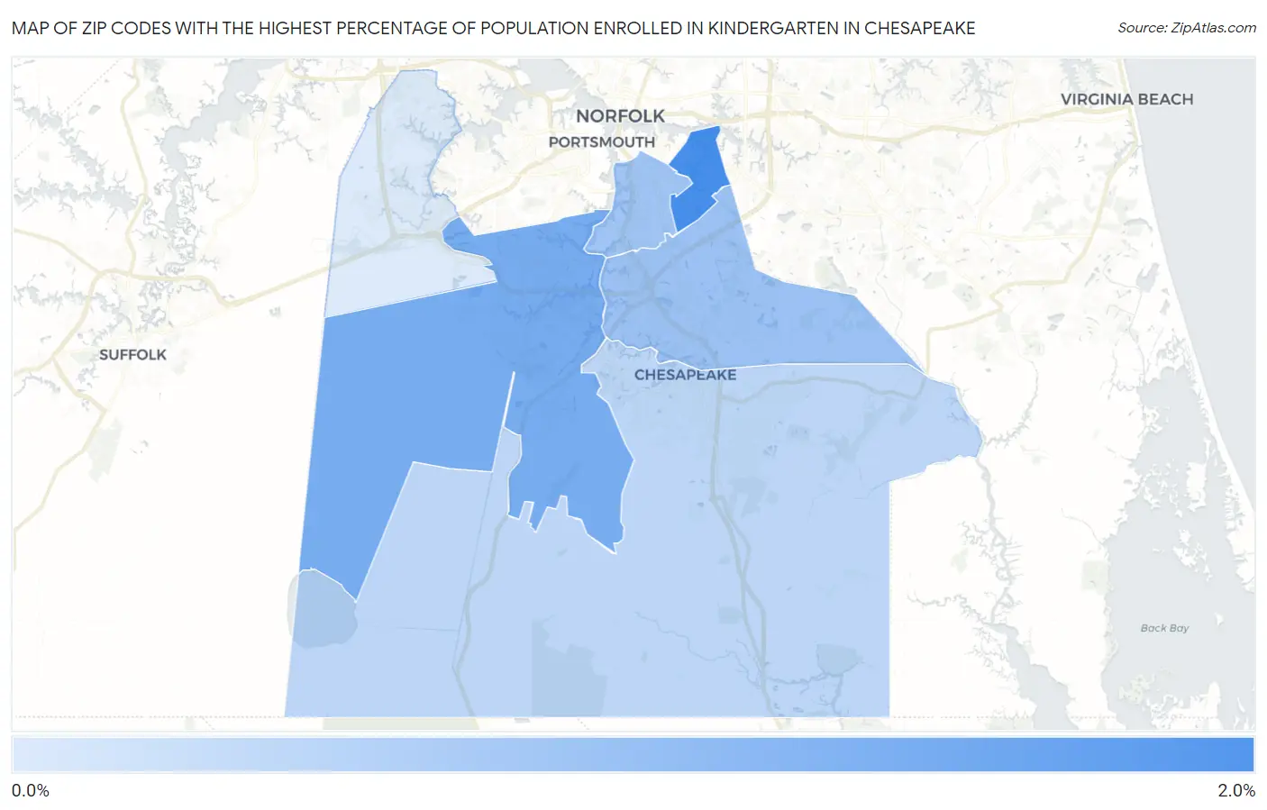 Zip Codes with the Highest Percentage of Population Enrolled in Kindergarten in Chesapeake Map