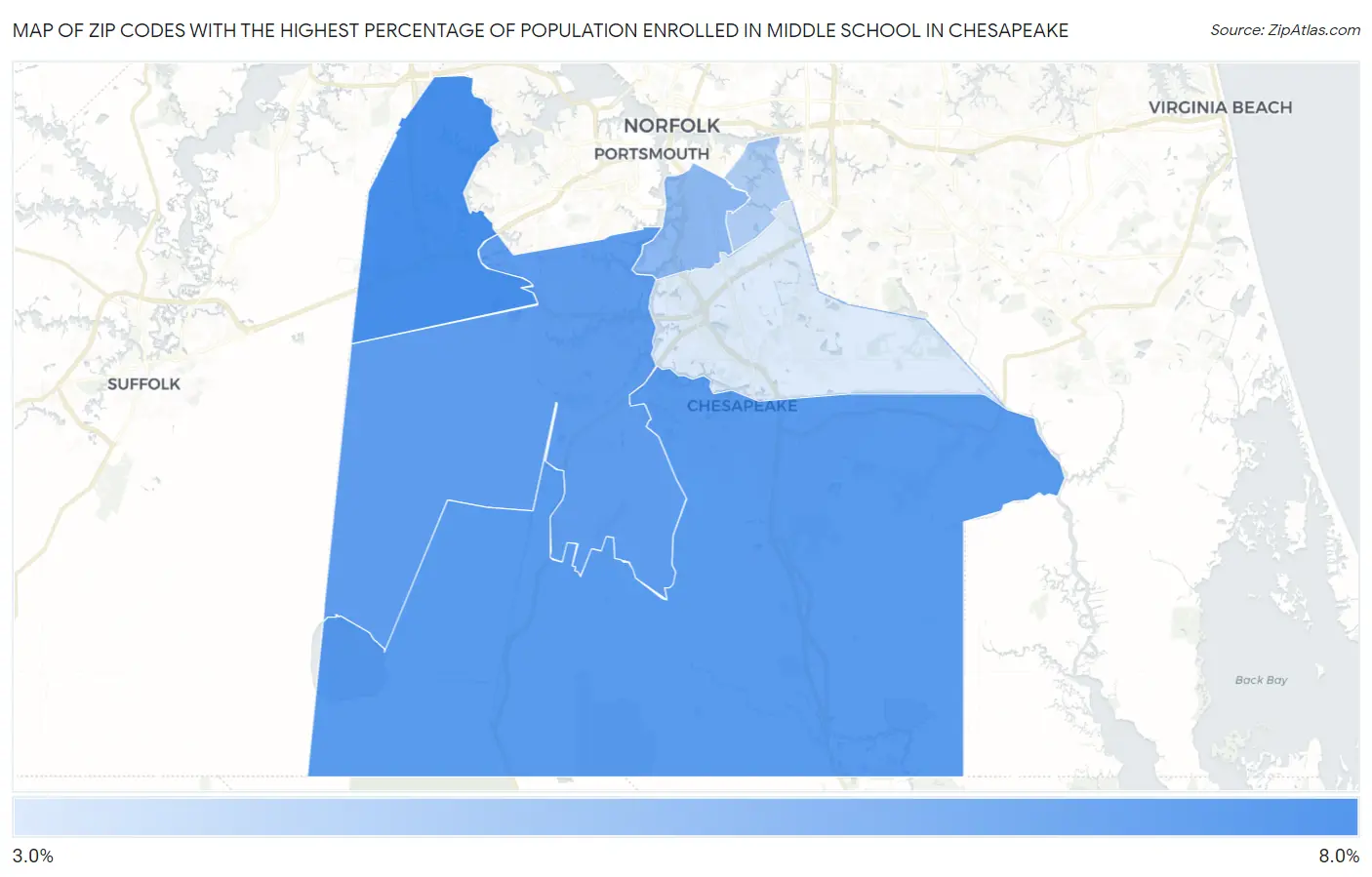 Zip Codes with the Highest Percentage of Population Enrolled in Middle School in Chesapeake Map