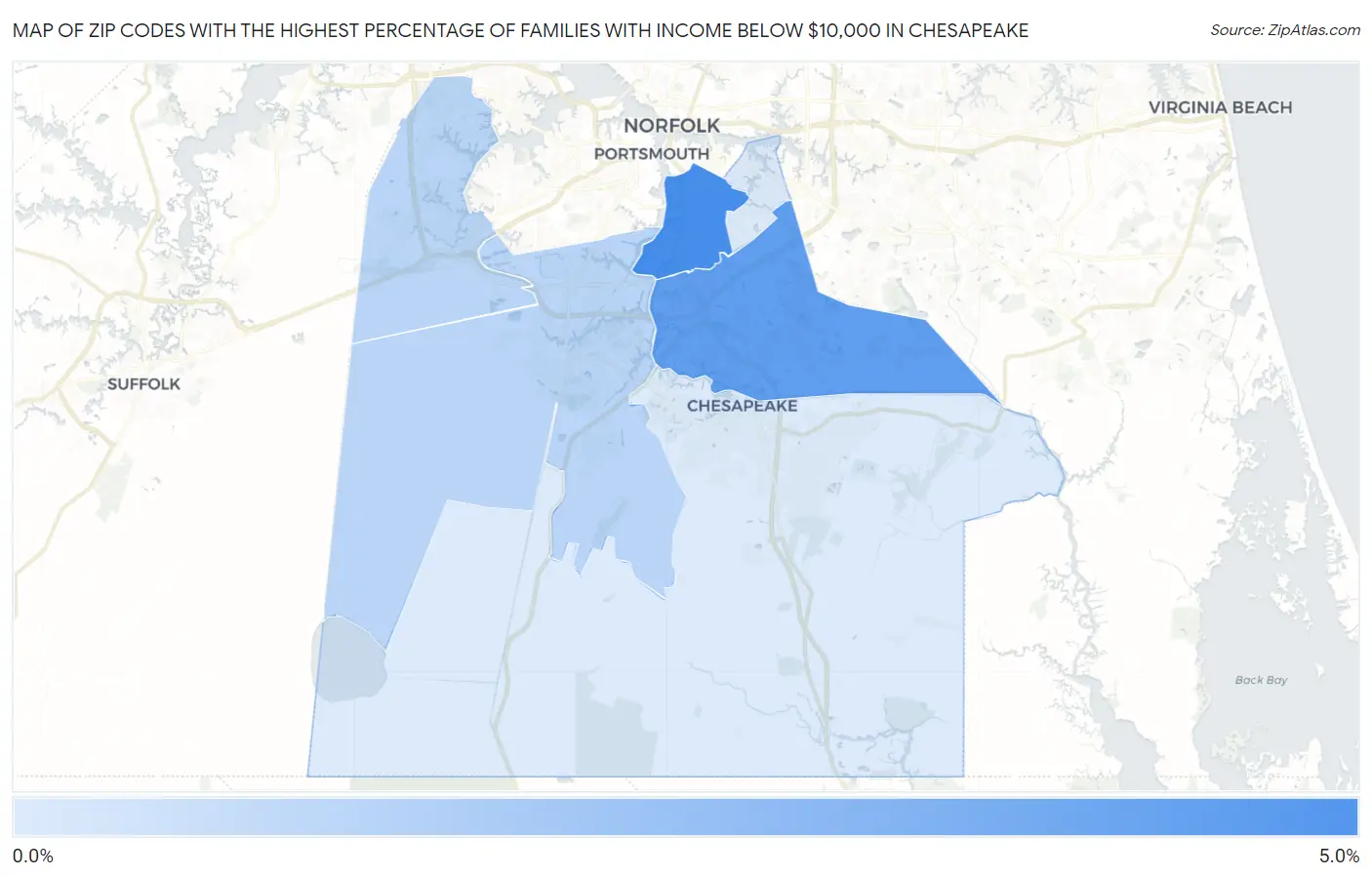 Zip Codes with the Highest Percentage of Families with Income Below $10,000 in Chesapeake Map