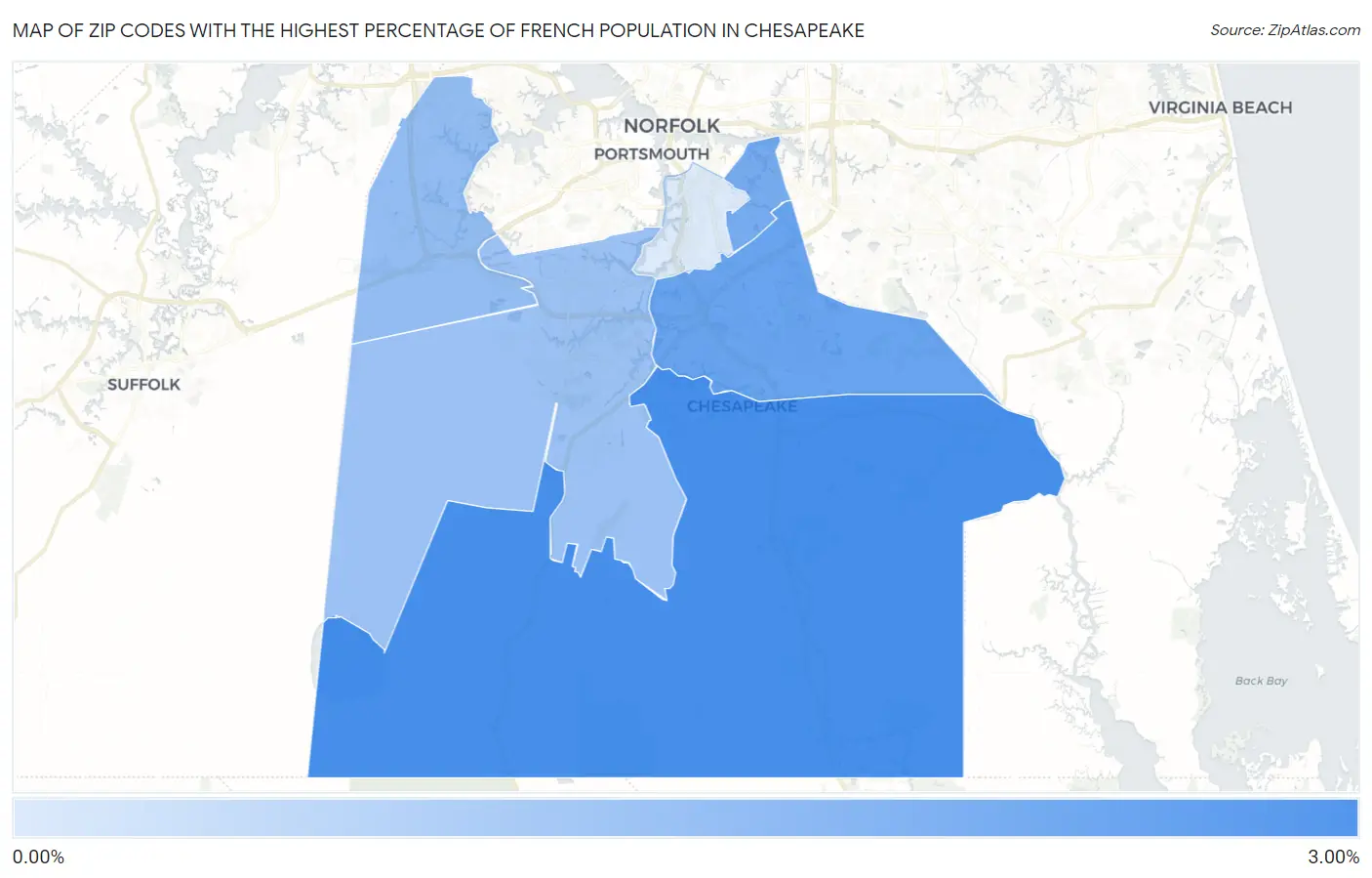 Zip Codes with the Highest Percentage of French Population in Chesapeake Map