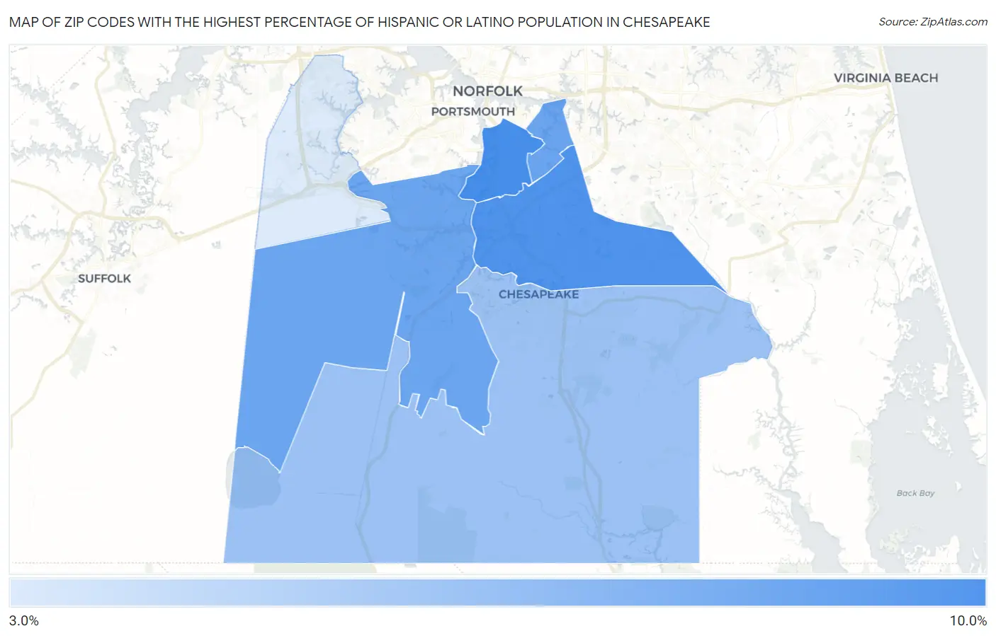 Zip Codes with the Highest Percentage of Hispanic or Latino Population in Chesapeake Map