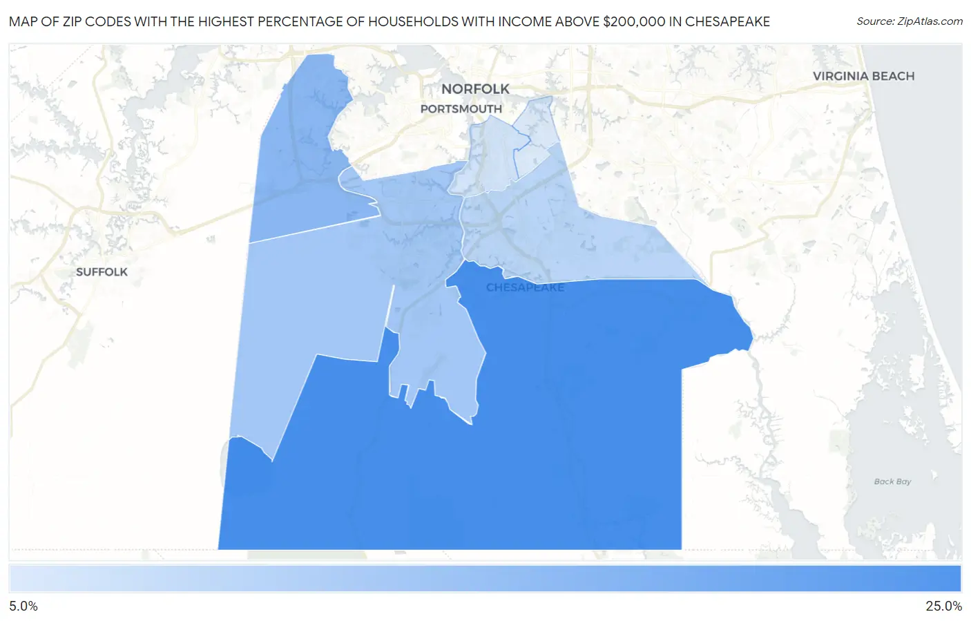 Zip Codes with the Highest Percentage of Households with Income Above $200,000 in Chesapeake Map