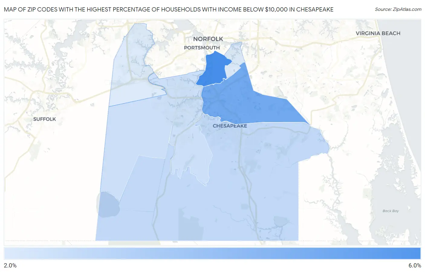 Zip Codes with the Highest Percentage of Households with Income Below $10,000 in Chesapeake Map