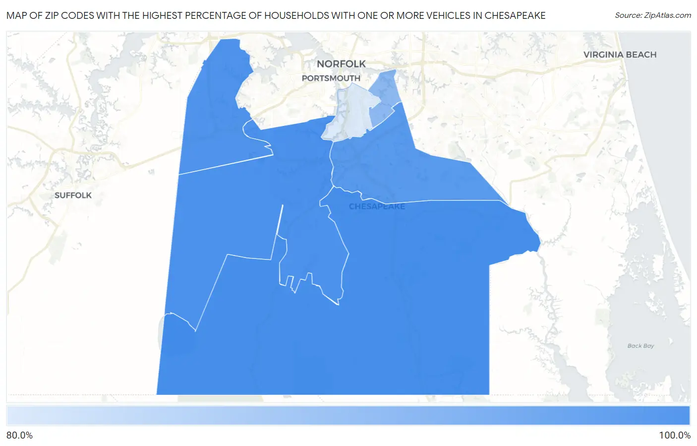 Zip Codes with the Highest Percentage of Households With One or more Vehicles in Chesapeake Map