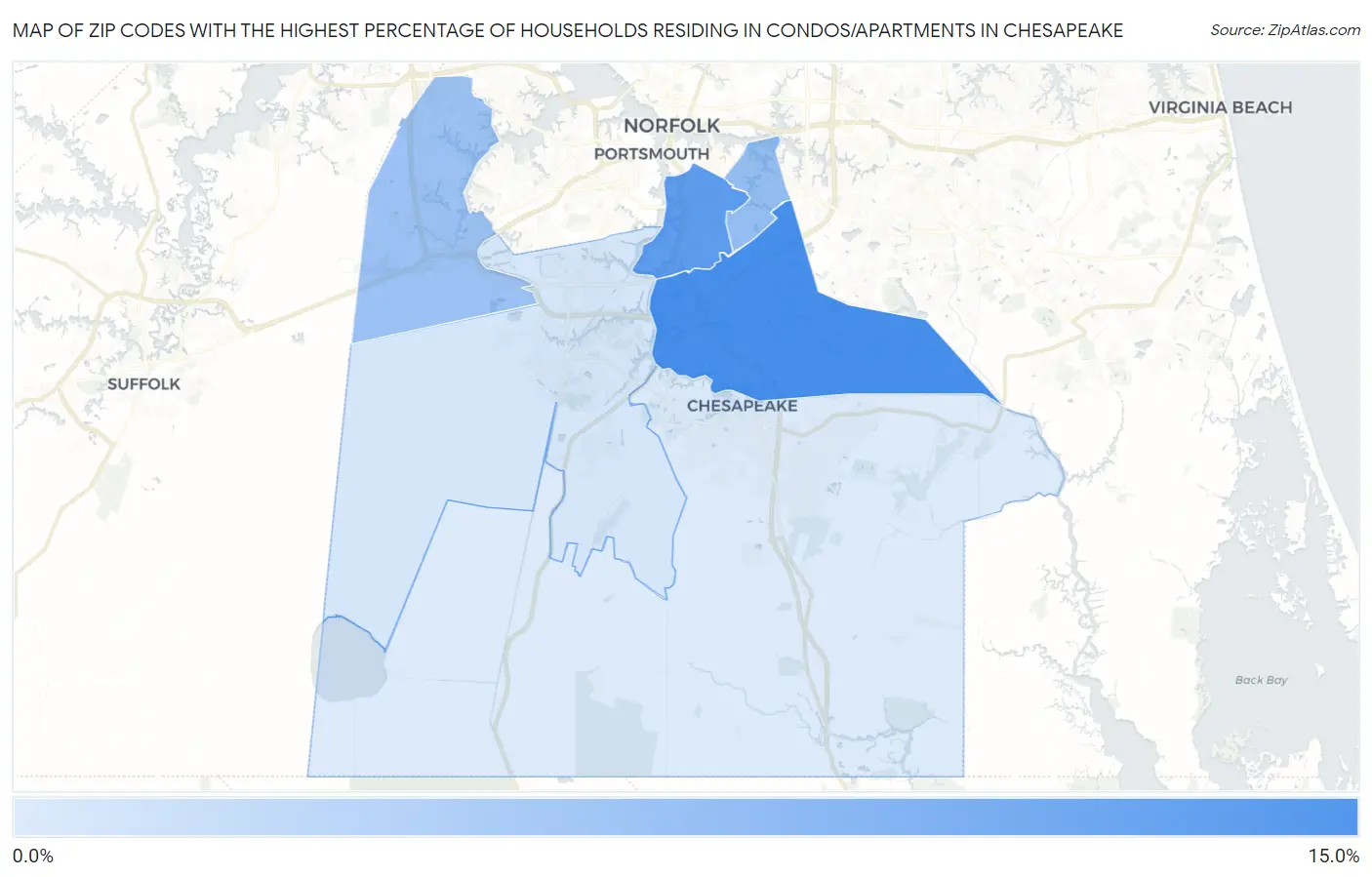 Zip Codes with the Highest Percentage of Households Residing in Condos/Apartments in Chesapeake Map