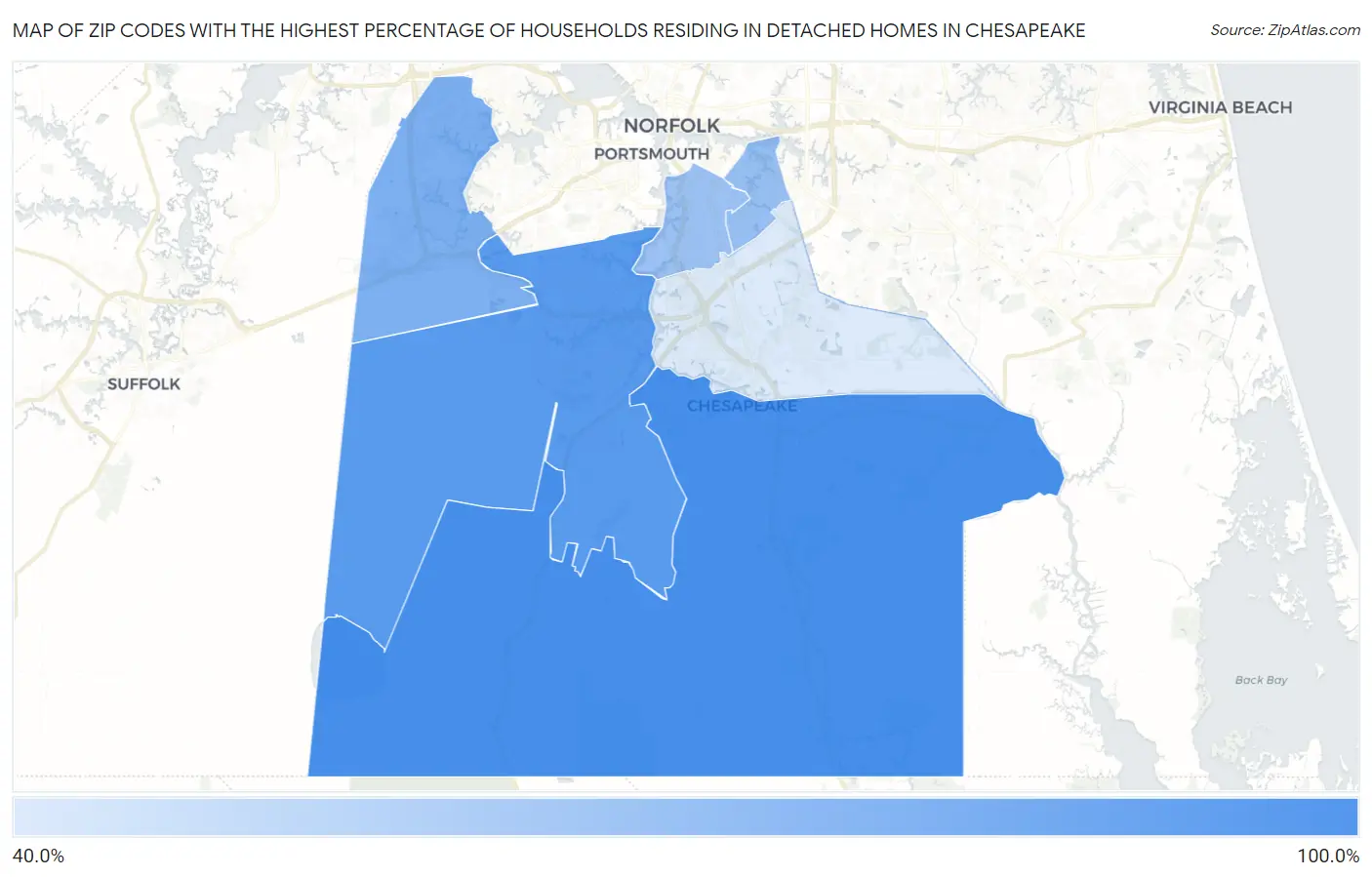 Zip Codes with the Highest Percentage of Households Residing in Detached Homes in Chesapeake Map