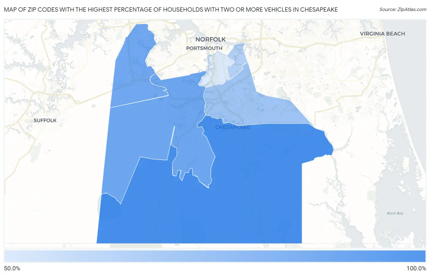 Zip Codes with the Highest Percentage of Households With Two or more Vehicles in Chesapeake Map